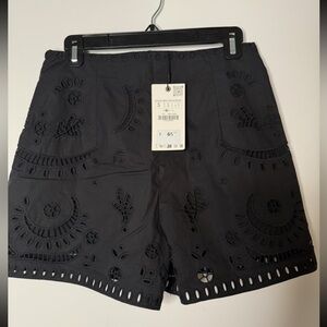 Zara Black Embroidery Cotton Shorts